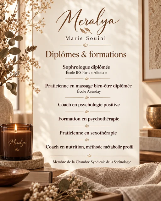Affiche « Meralya, Marie Souini, Diplômes & formations » posée près d’une bougie Meralya et d’un vase de fleurs séchées, reprenant la liste des formations