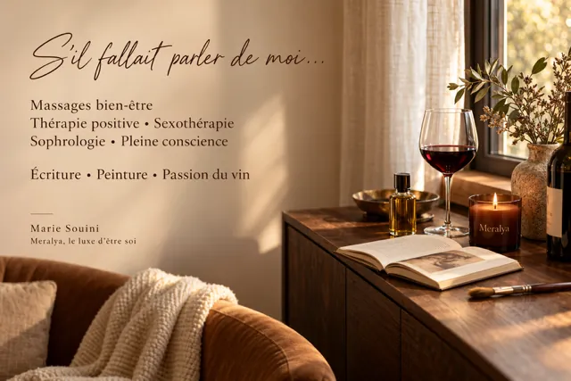 Le salon du cabinet, fauteuil terre cuite au plaid crème, verre de vin, bougie Meralya et livre ouvert sur une console en bois ; au mur, « S’il fallait parler de moi… », la liste des pratiques de Marie Souini et sa signature « Meralya, le luxe d’être soi »