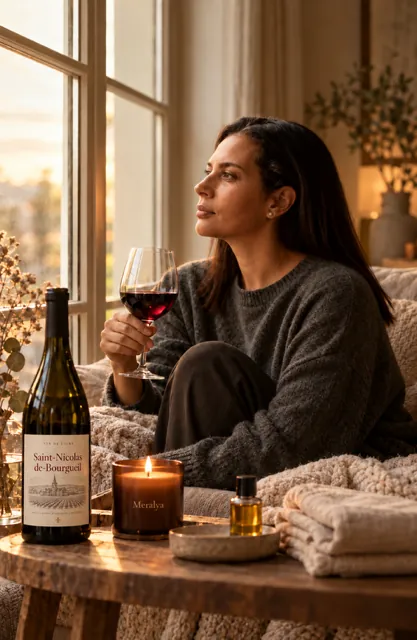 Marie Souini assise près de la fenêtre, pull gris, un verre de vin à la main, regard tourné vers la lumière ; bougie Meralya et bouteille sur la table basse