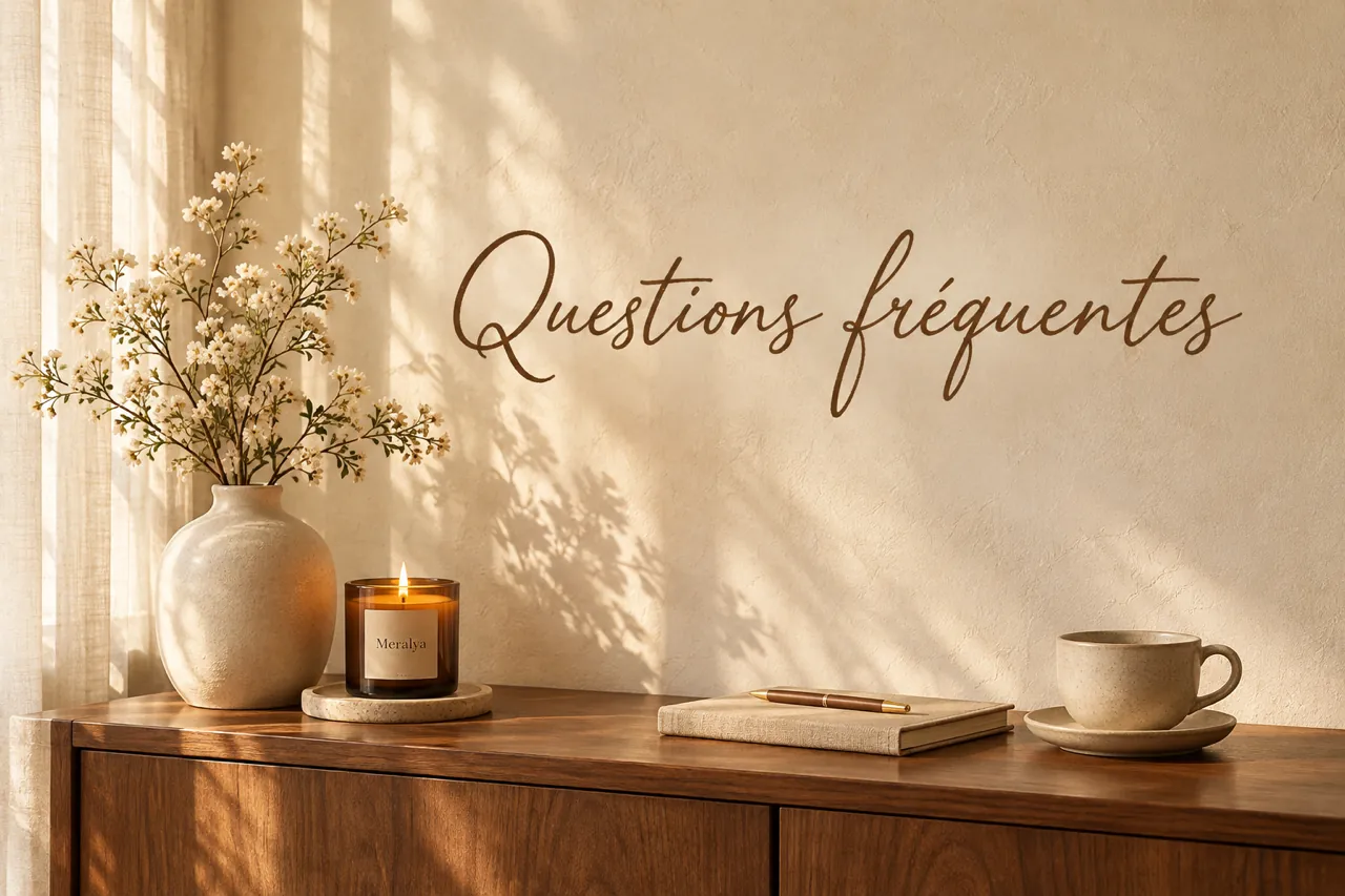 Console en bois sous l’inscription murale « Questions fréquentes » : vase de fleurs blanches, bougie Meralya allumée, carnet, stylo et tasse dans la lumière de la fenêtre