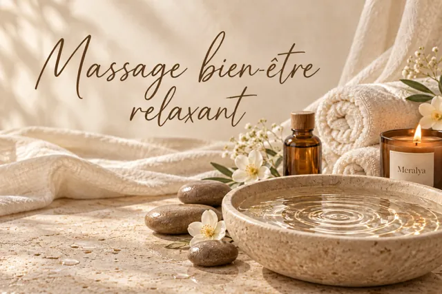 Vasque de pierre remplie d’eau, galets, fleurs blanches, flacon d’huile, serviettes roulées et bougie Meralya sous l’inscription « Massage bien-être relaxant »