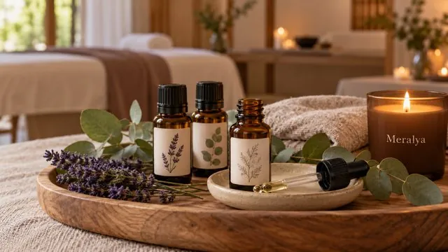 Flacons d’huiles de massage, brin de lavande et feuilles d’eucalyptus sur un plateau en bois, bougie Meralya allumée