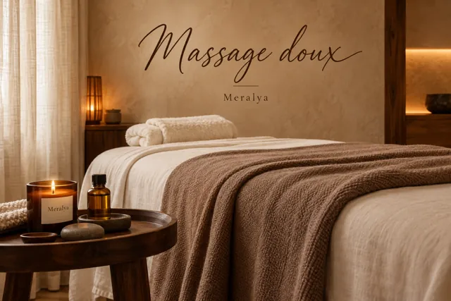 Table de massage drapée de lin et d’un plaid brun sous l’inscription « Massage doux, Meralya », bougie, flacon d’huile et pierres sur un guéridon en bois