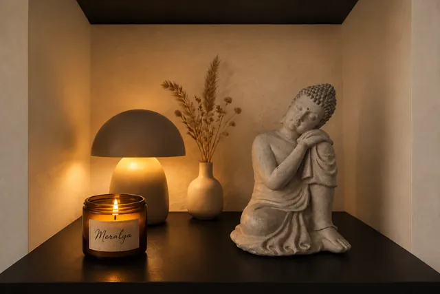 Niche du cabinet : bouddha assis en pierre, lampe champignon allumée, vase d’herbes séchées et bougie Meralya
