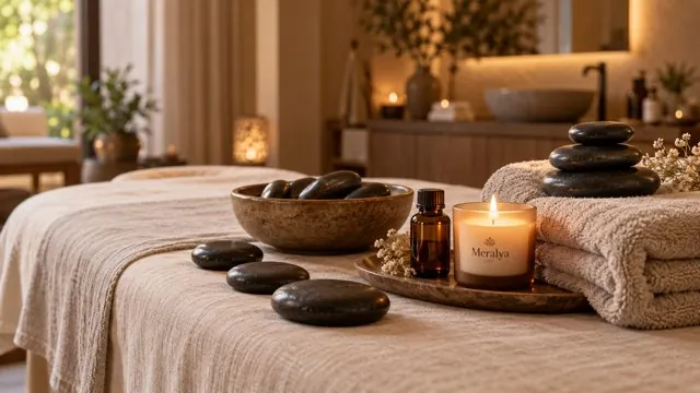 Pierres volcaniques noires disposées sur la table de massage, bol en bois, flacon d’huile et bougie Meralya allumée