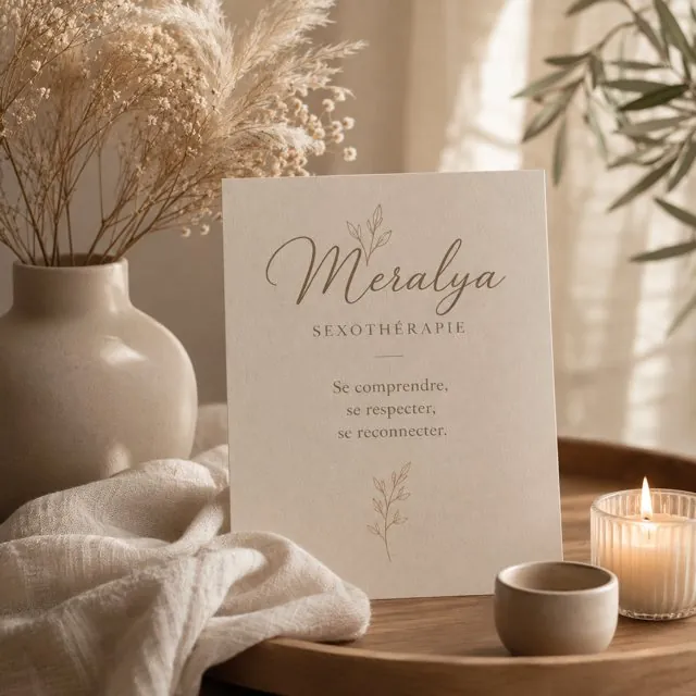 Carte Meralya Sexothérapie posée sur un plateau en bois, à côté d’une bougie et d’un vase de fleurs séchées