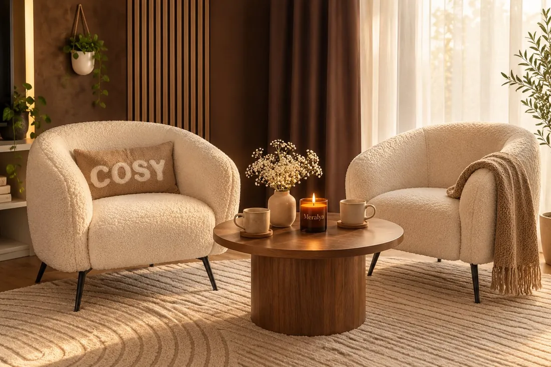 Deux fauteuils en bouclette crème face à face autour d’une table basse en bois, bougie Meralya allumée et fleurs séchées