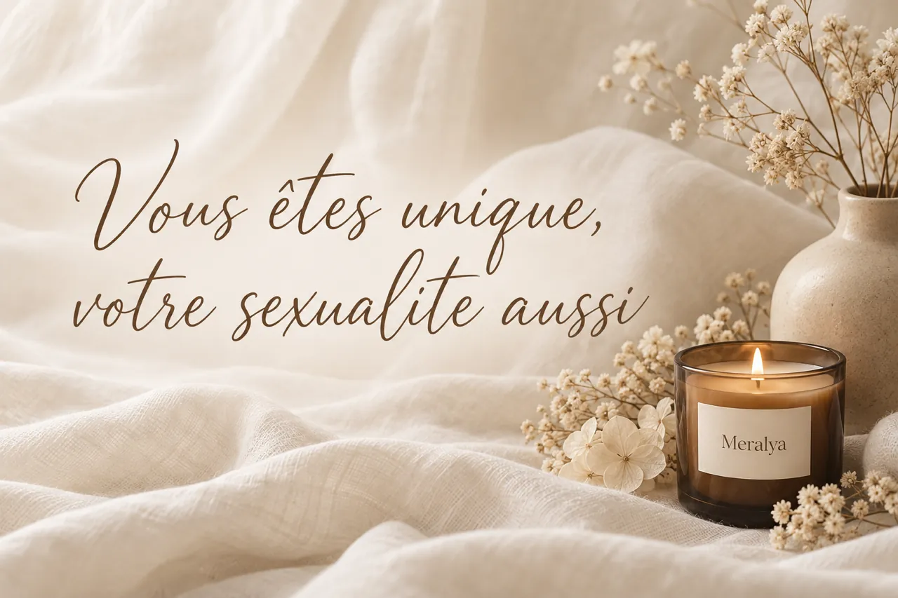 Bougie Meralya allumée et fleurs séchées sur un drap de lin clair, à côté de l’inscription manuscrite « Vous êtes unique, votre sexualité aussi »