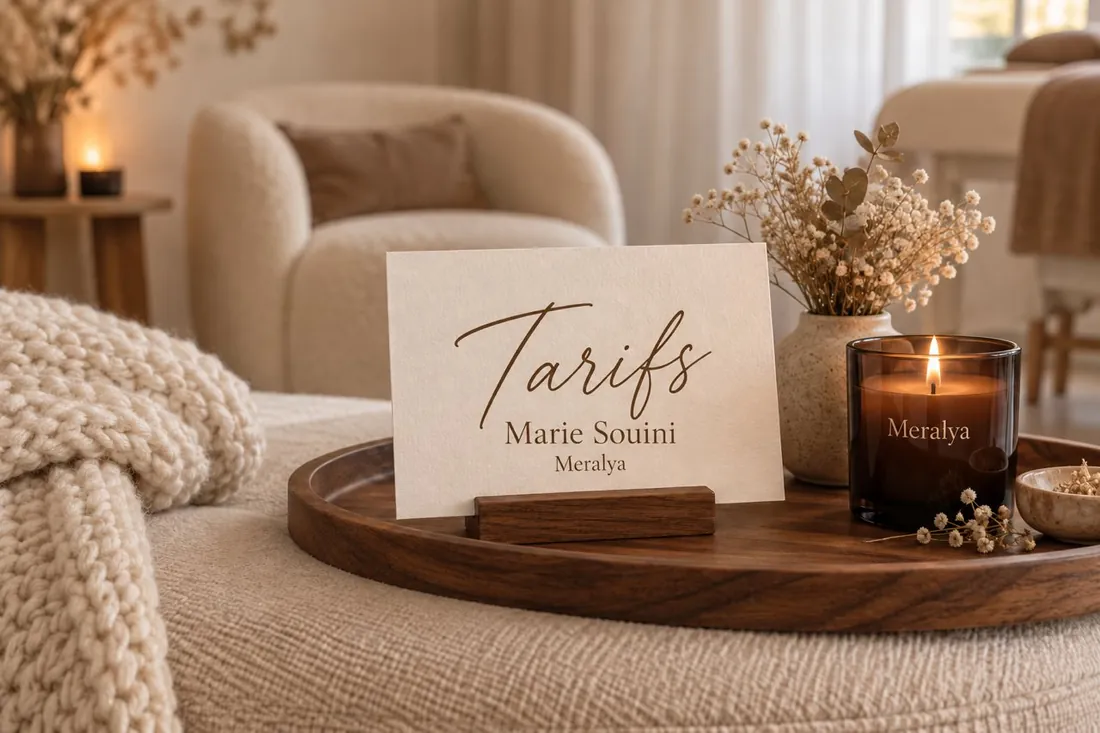 Carte « Tarifs, Marie Souini, Meralya » posée sur un plateau en bois, à côté d’une bougie Meralya allumée et de fleurs séchées