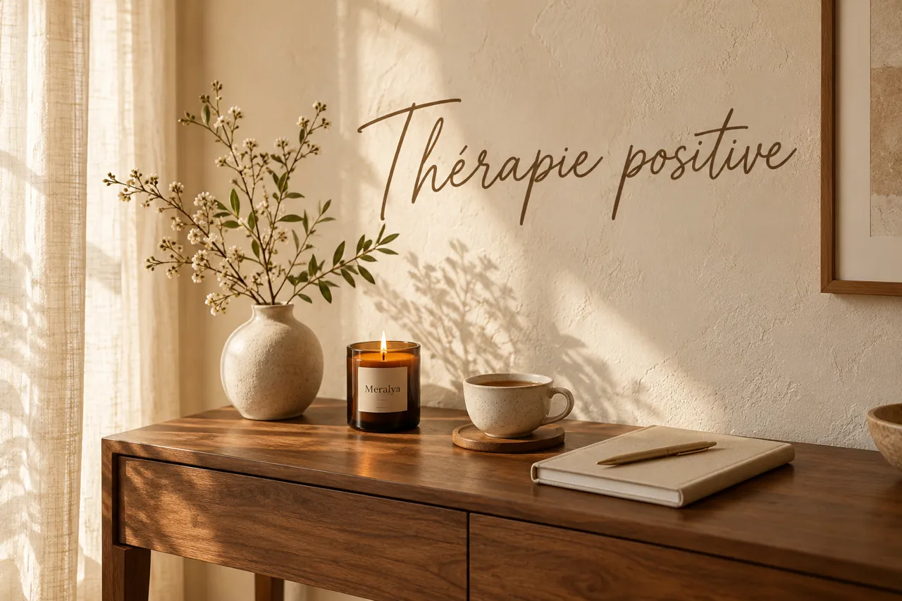 Console en bois sous l’inscription murale « Thérapie positive » : vase de fleurs blanches, bougie Meralya allumée, tasse et carnet dans la lumière de la fenêtre